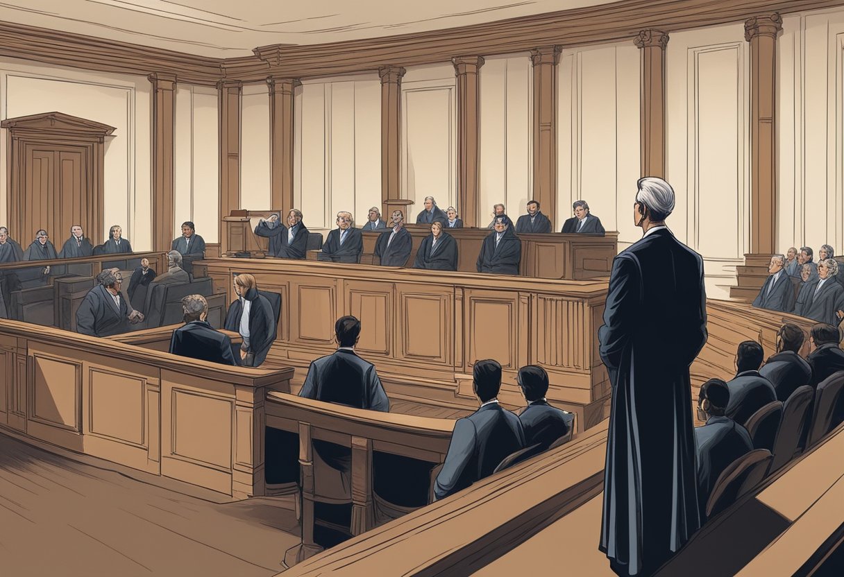 A figure stands in a courtroom, with a judge presiding over a trial. The atmosphere is tense, as the legal process unfolds